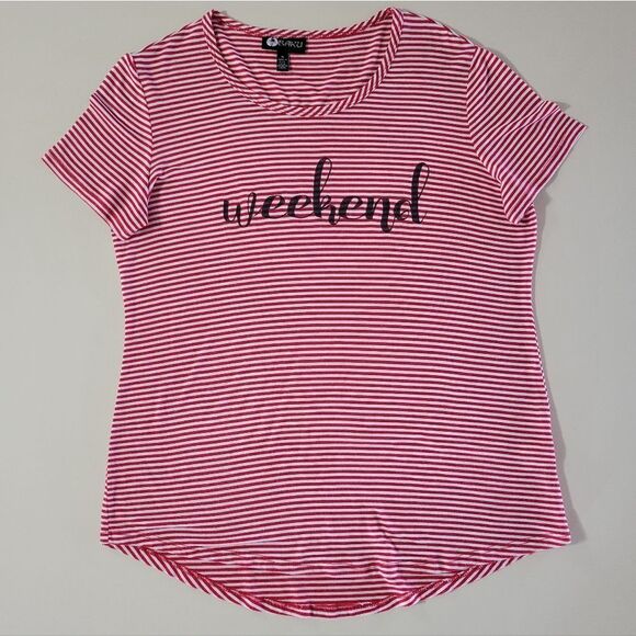 Baku Women's Red Stripe Scoop-neck Graphic Weekend Short Sleeve Pullover Top - Picture 1 of 12